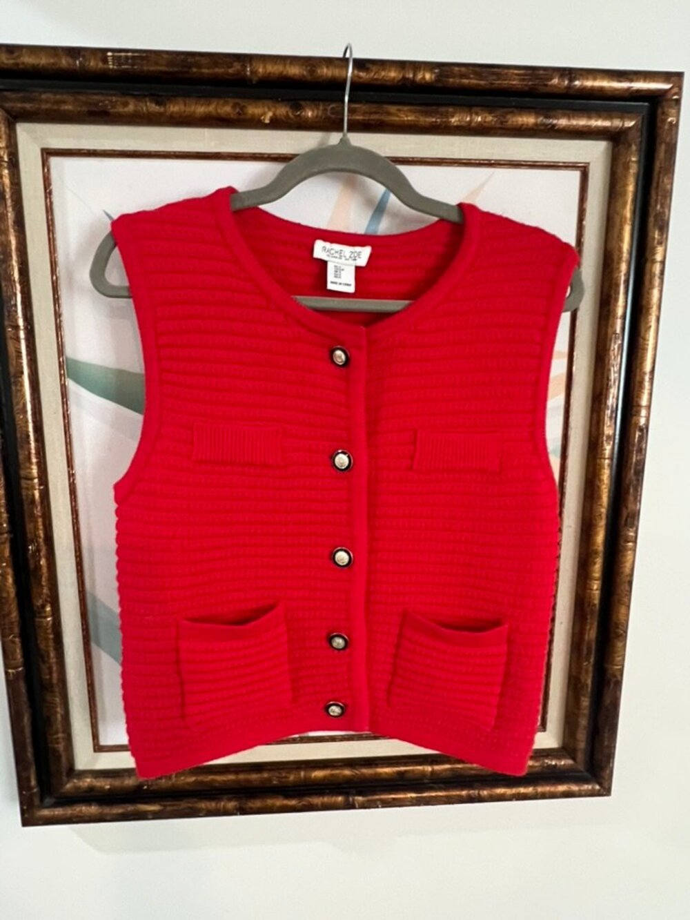 Rachel Zoe Red Knit Vest Sleeveless Cardigan Gold Button Pockets S